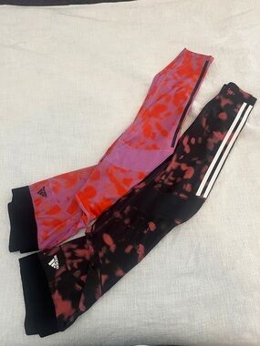Adidas AeroReady Leggings Bundle(2) in Pink-Red Tie-Dye & Black-Pink Print Sz L